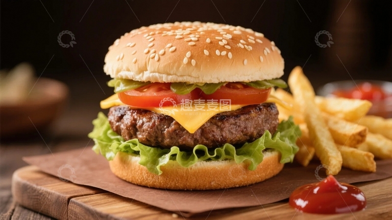 高清大图下载【趣麦麦图】美味的牛肉汉堡和炸薯条