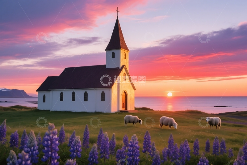 高清大图下载【趣麦麦图】冰岛夏日日落期间的教堂 