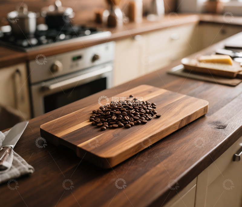 高清大图下载【趣麦麦图】厨房里木板上咖啡豆特写