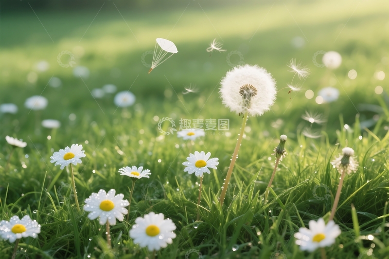 高清大图下载【趣麦麦图】草地上的雏菊花和蒲公英 