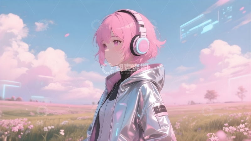 高清大图下载【趣麦麦图】花田少女听歌女孩1