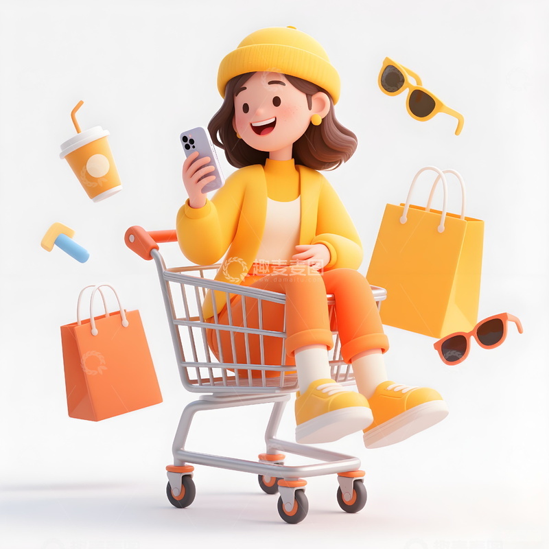 高清大图下载【趣麦麦图】3D女孩人物惬意购物时光坐购物车拿手机