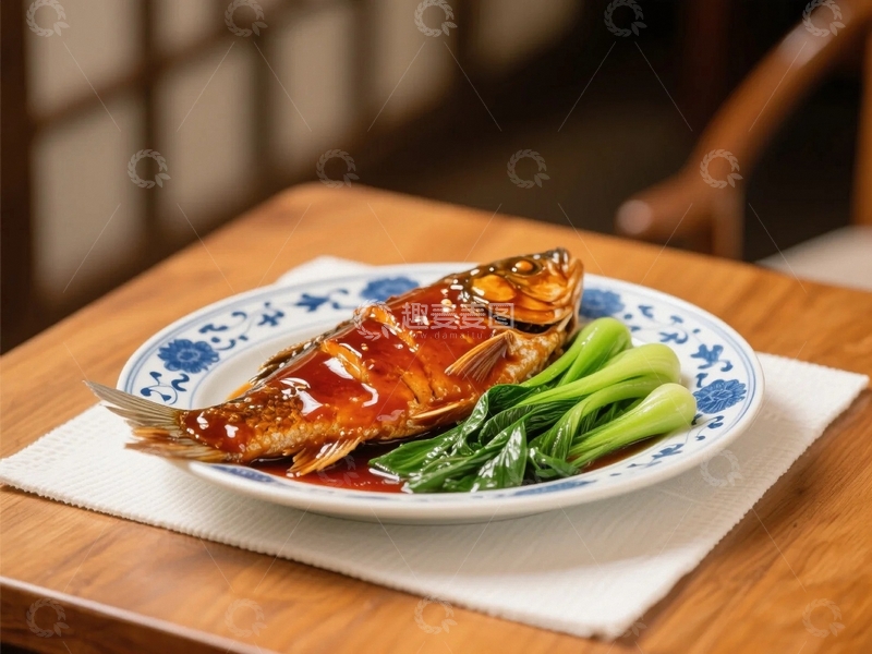 高清大图下载【趣麦麦图】盛在青花瓷盘里的西湖醋鱼1