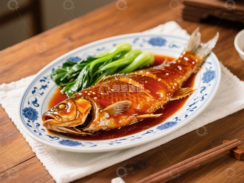 高清大图下载【趣麦麦图】盛在青花瓷盘里的西湖醋鱼4