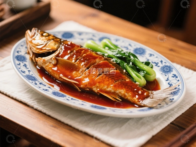 高清大图下载【趣麦麦图】盛在青花瓷盘里的西湖醋鱼2