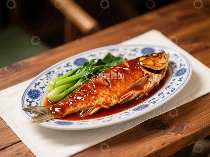 高清大图下载【趣麦麦图】盛在青花瓷盘里的西湖醋鱼3