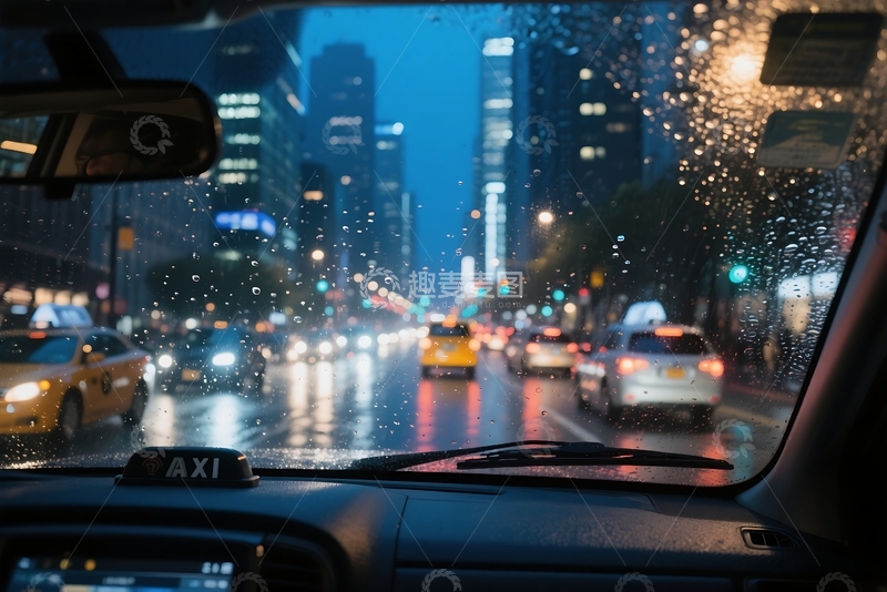 城市交通穿过雨点的挡风玻璃 