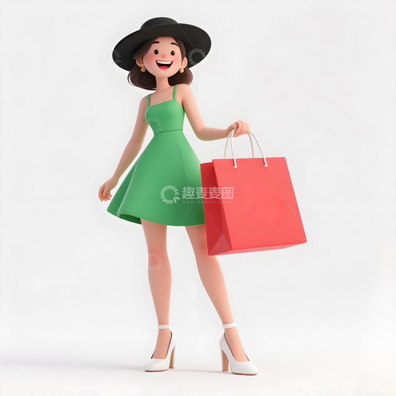 高清大图下载【趣麦麦图】时尚3D女孩身着绿裙戴黑帽手持红色购物袋