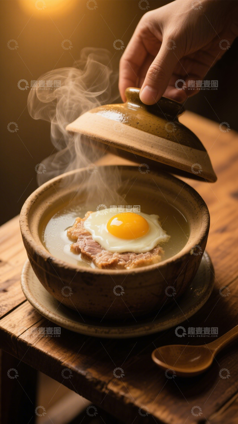 高清大图下载【趣麦麦图】煎蛋暖味陶锅肉汤1