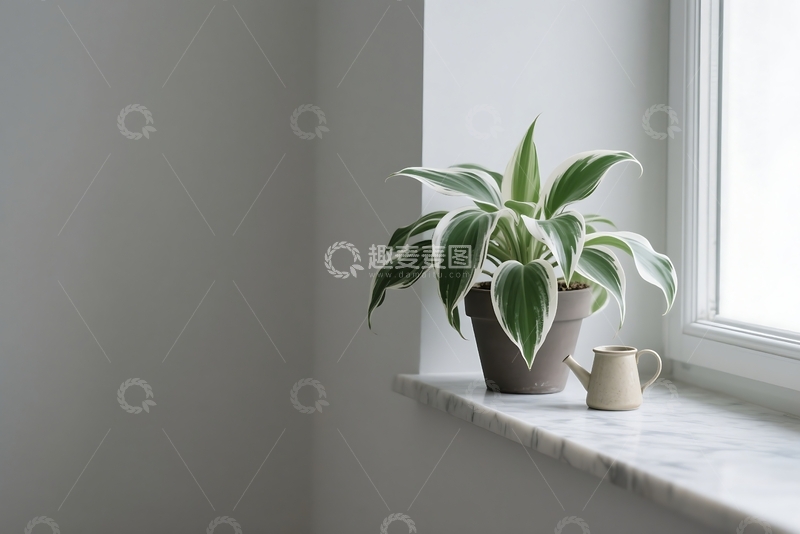 高清大图下载【趣麦麦图】窗台上的盆栽银盆栽植物 