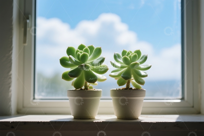 高清大图下载【趣麦麦图】窗台上的两盆绿色植物 