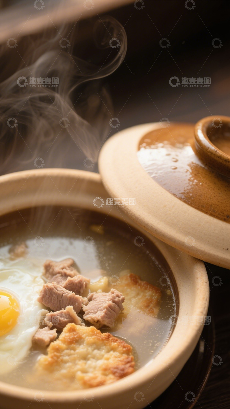 高清大图下载【趣麦麦图】煎蛋暖味陶锅肉汤2