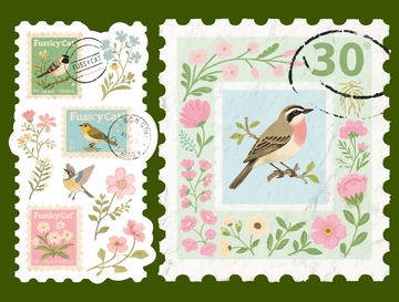 复古邮票矢量装饰素材鲜花小鸟