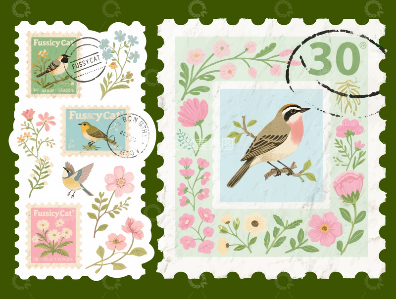 复古邮票矢量装饰素材鲜花小鸟