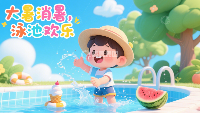 高清大图下载【趣麦麦图】大暑泳池欢乐消暑