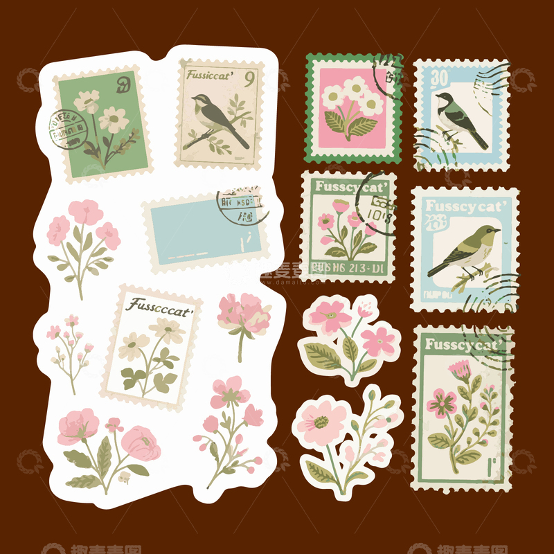 复古邮票装饰素材植物鲜花小鸟