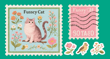 复古邮票矢量装饰素材猫咪鲜花