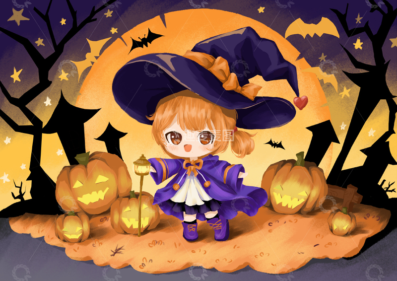 高清大图下载【趣麦麦图】万圣节南瓜魔女女巫糖果幽灵插画2
