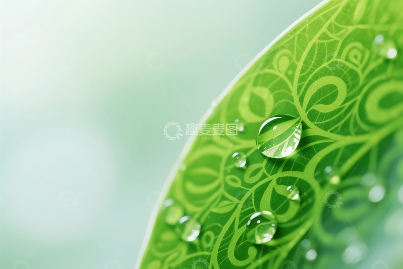 高清大图下载【趣麦麦图】抽象的绿色叶子和露珠特写 