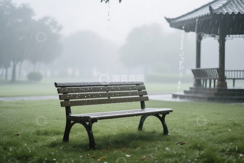 高清大图下载【趣麦麦图】城市公园与长椅在下雨的夏天天气 1