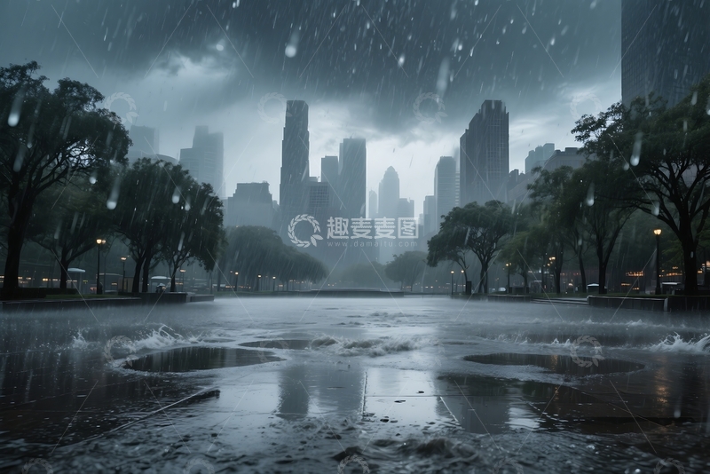 高清大图下载【趣麦麦图】城市天际线雨天广场地面 