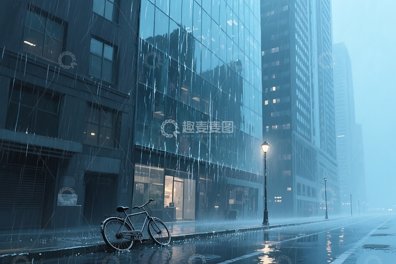 高清大图下载【趣麦麦图】城市下雨抑郁心情插画背景 