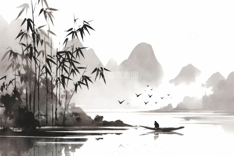 高清大图下载【趣麦麦图】水彩水墨竹子扁舟背景