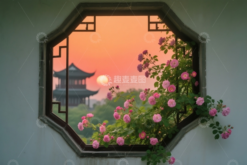 高清大图下载【趣麦麦图】传统中式窗户外的绿色攀缘植物 