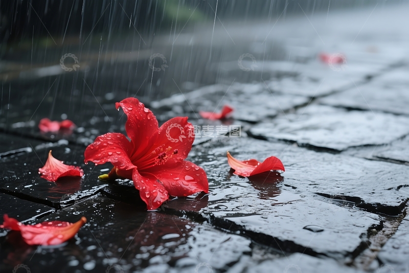高清大图下载【趣麦麦图】初秋雨中低垂的红色花瓣 