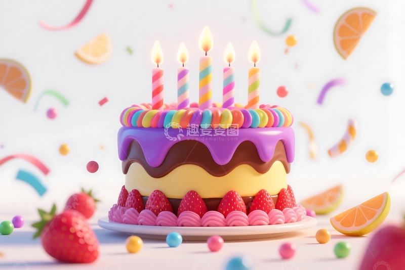 高清大图下载【趣麦麦图】生日蛋糕3D渲染卡通插画元素 