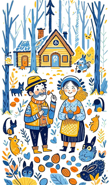 森林人物动物绘本插画