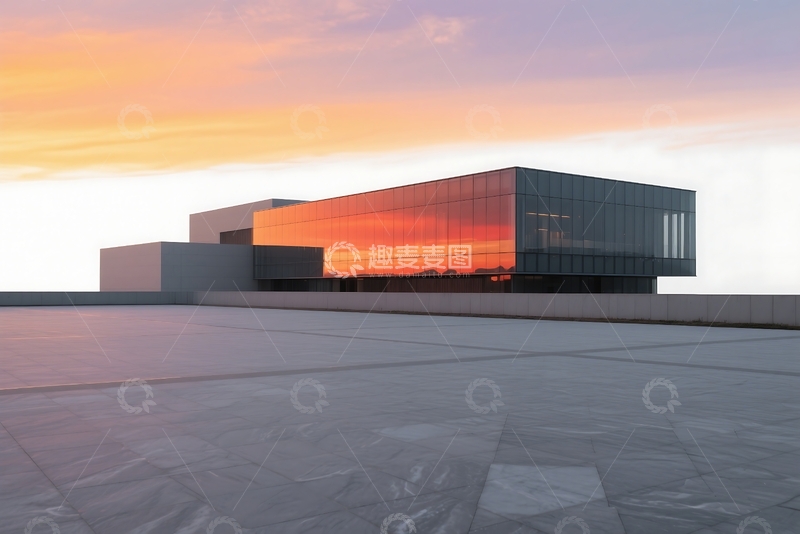 高清大图下载【趣麦麦图】日落时分，现代建筑的空旷广场前 