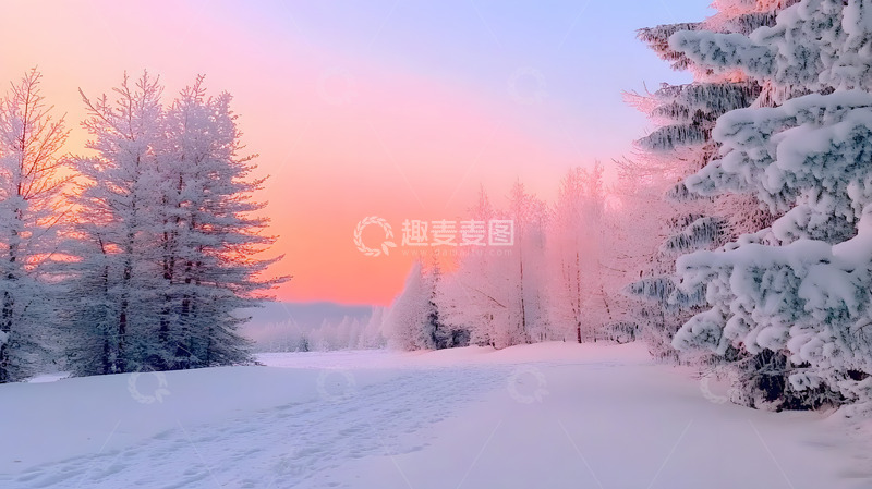 高清大图下载【趣麦麦图】早上被雪覆盖的树林美景