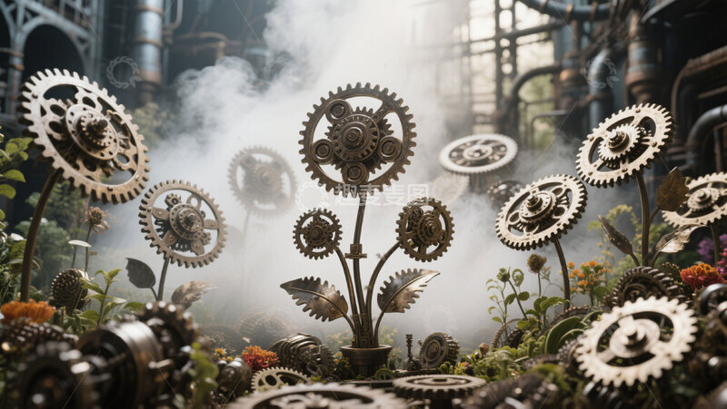 高清大图下载【趣麦麦图】灰色齿轮金属花卉复古科幻神秘2