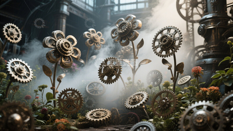 高清大图下载【趣麦麦图】灰色齿轮金属花卉复古科幻神秘1