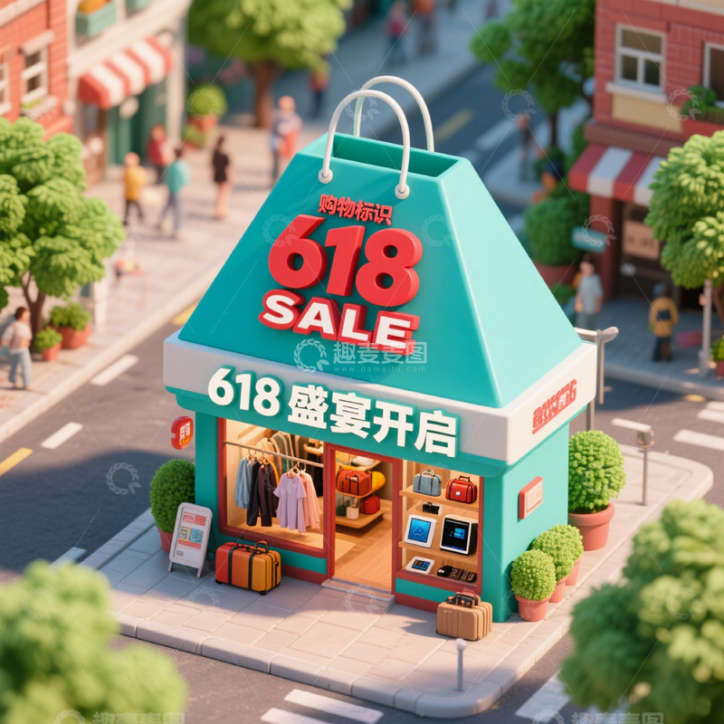 高清大图下载【趣麦麦图】3D立体618电商节店铺促销建筑6