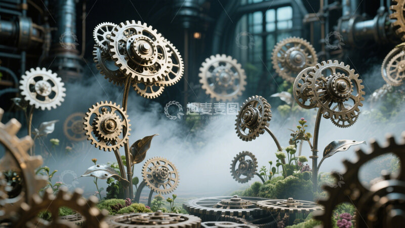 高清大图下载【趣麦麦图】灰色齿轮金属花卉复古科幻神秘4