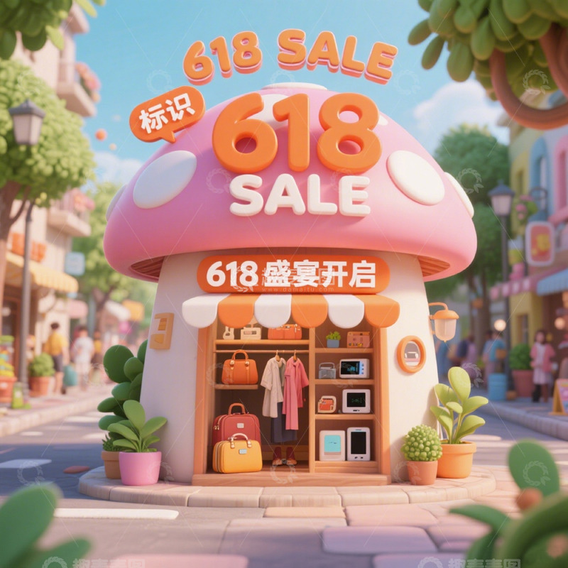 高清大图下载【趣麦麦图】3D立体618电商节店铺促销建筑7