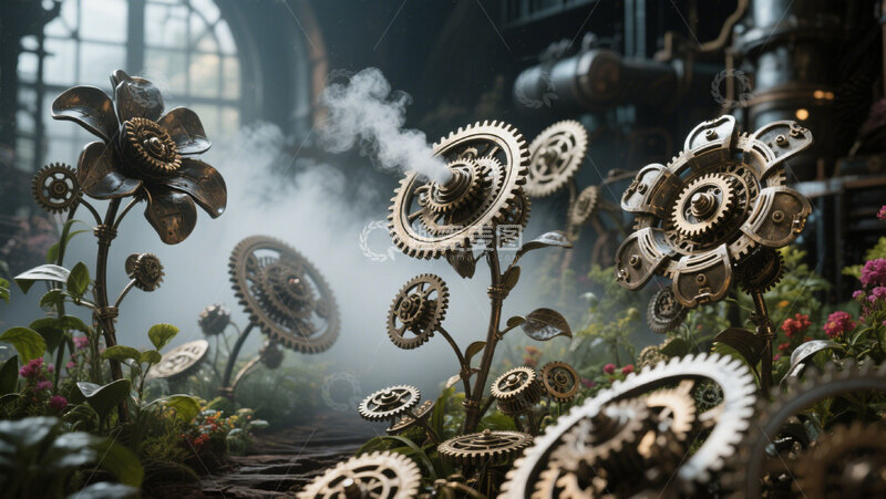 高清大图下载【趣麦麦图】灰色齿轮金属花卉复古科幻神秘3