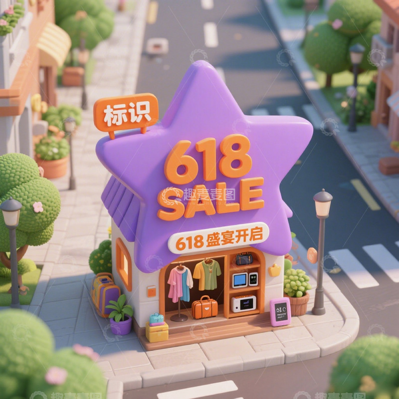 高清大图下载【趣麦麦图】3D立体618电商节店铺促销建筑3