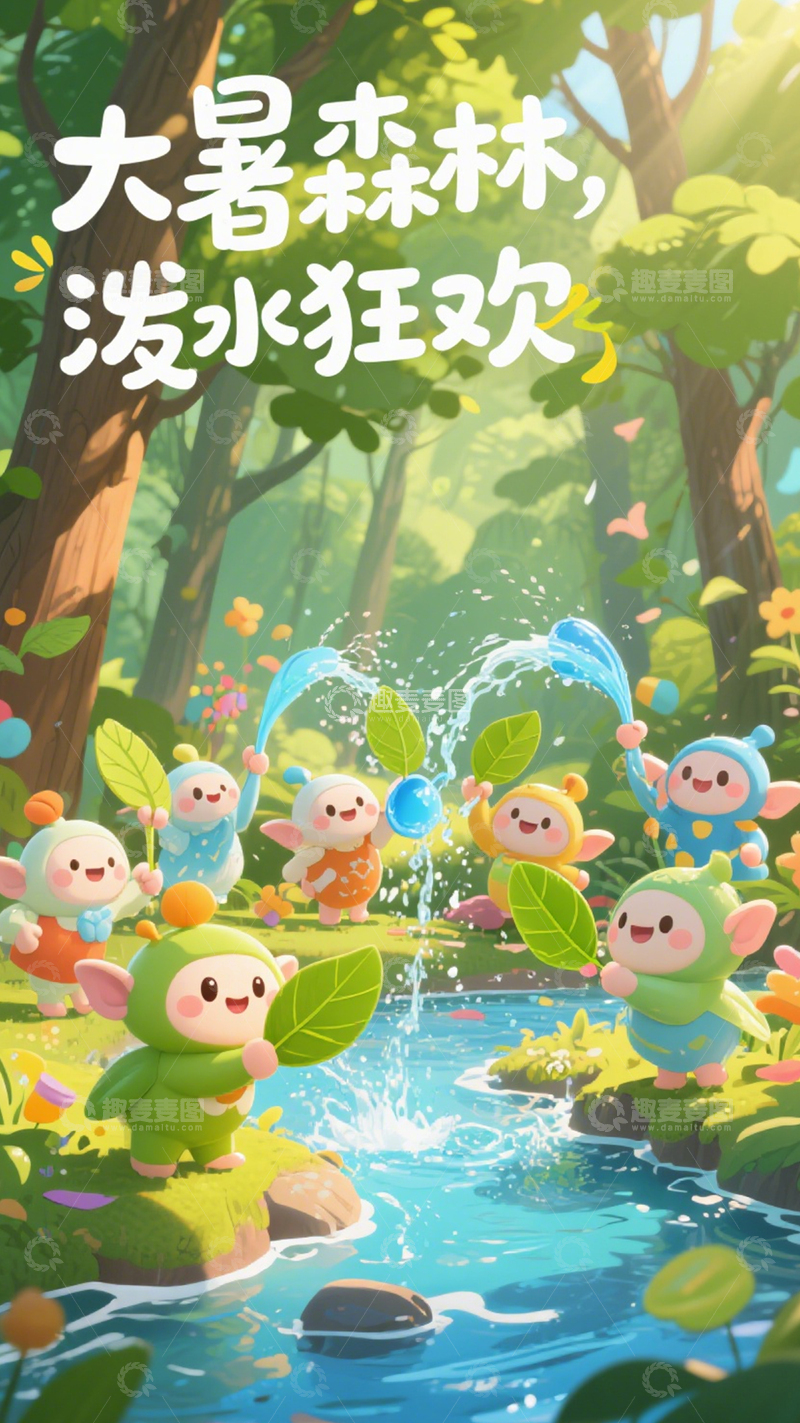 高清大图下载【趣麦麦图】大暑森林泼水趣
