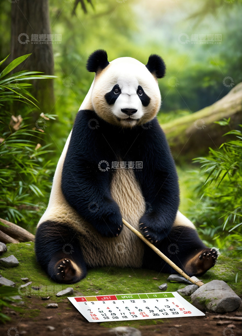 高清大图下载【趣麦麦图】3D可爱看日历的熊猫AI插画高清海报背景1