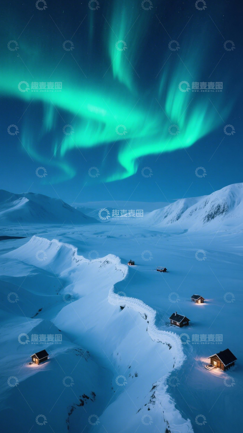 高清大图下载【趣麦麦图】极光雪景小屋奇景1