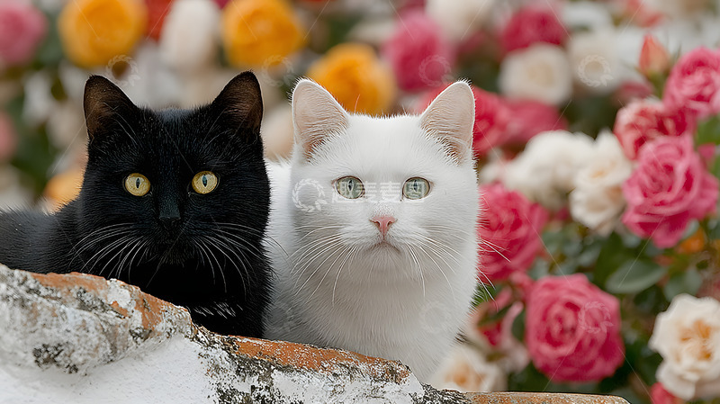 高清大图下载【趣麦麦图】花间的黑色和白色猫咪1