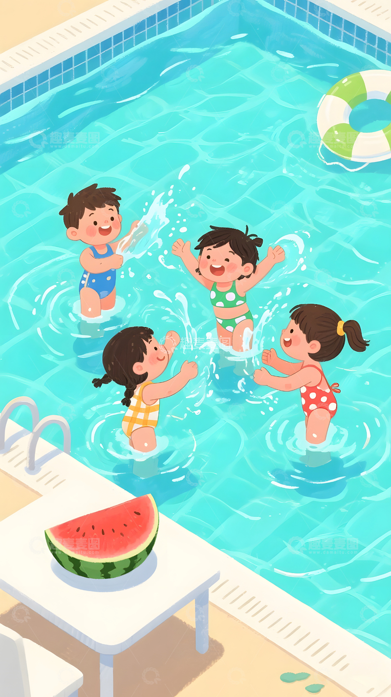 高清大图下载【趣麦麦图】夏天儿童玩水插画