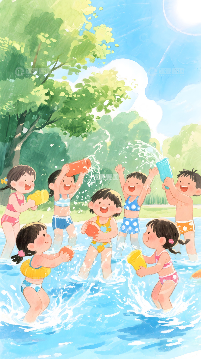 高清大图下载【趣麦麦图】夏天儿童玩水插画3