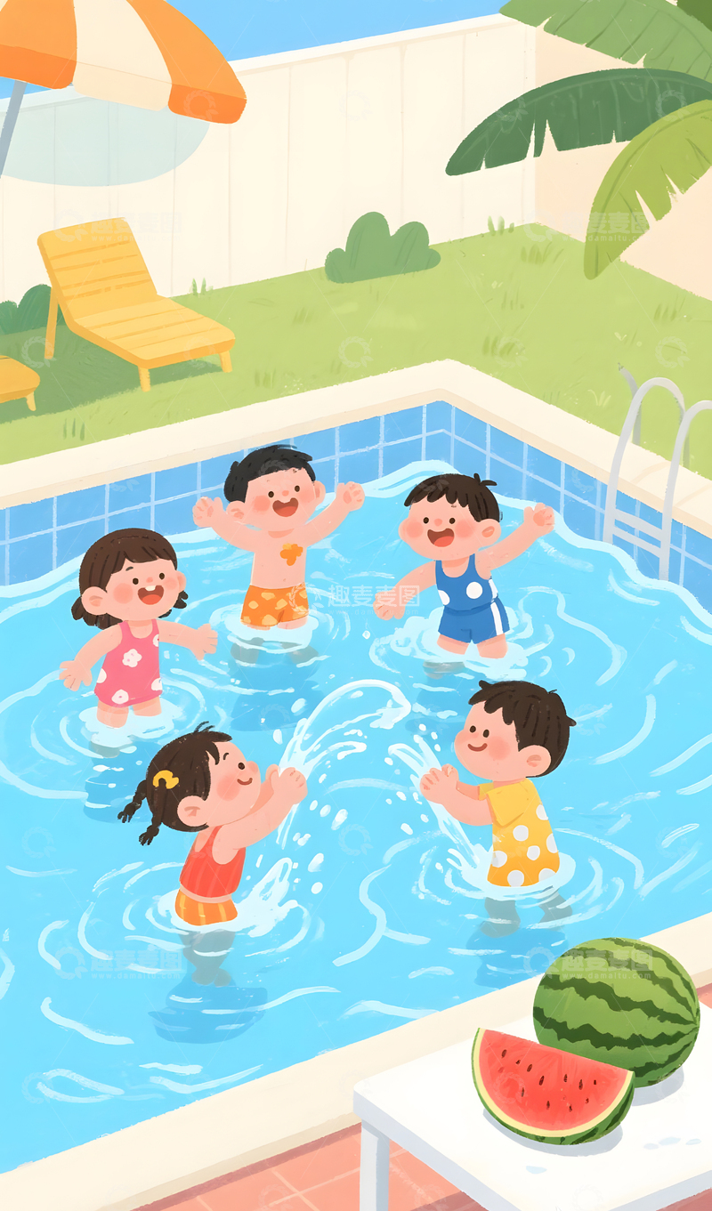 高清大图下载【趣麦麦图】夏天儿童玩水插画1