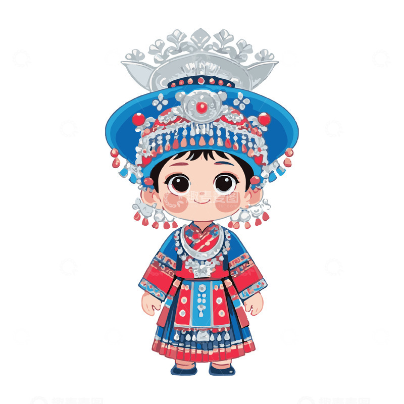 高清大图下载【趣麦麦图】-苗族可爱Q版人物插画