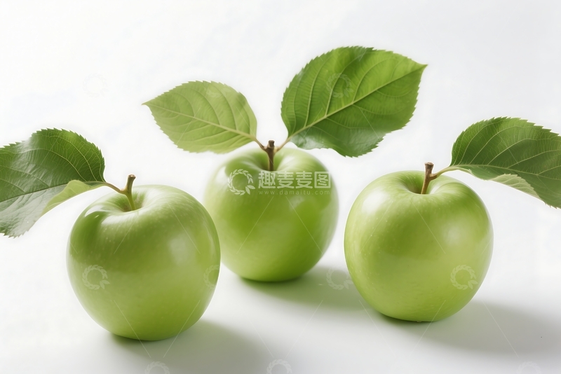 高清大图下载【趣麦麦图】三颗带叶子的成熟绿色苹果 