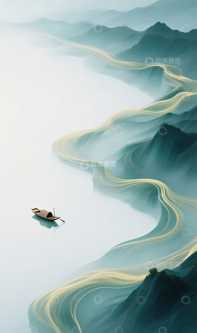 鎏金中式河流小舟背景图